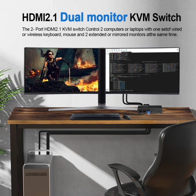 CXKVM-21H21-U3PDM 2×1 Dual Monitor HDMI 2.1 KVM Switch – 8K@60Hz / 4K@120Hz with USB 3.0 - Image 2