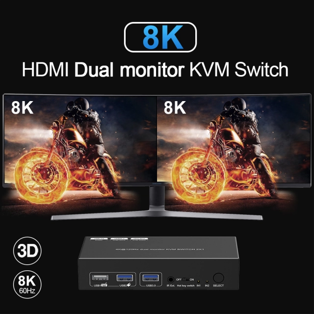 CXKVM-21H21-U3PDM 2×1 Dual Monitor HDMI 2.1 KVM Switch – 8K@60Hz / 4K@120Hz with USB 3.0 - Image 3